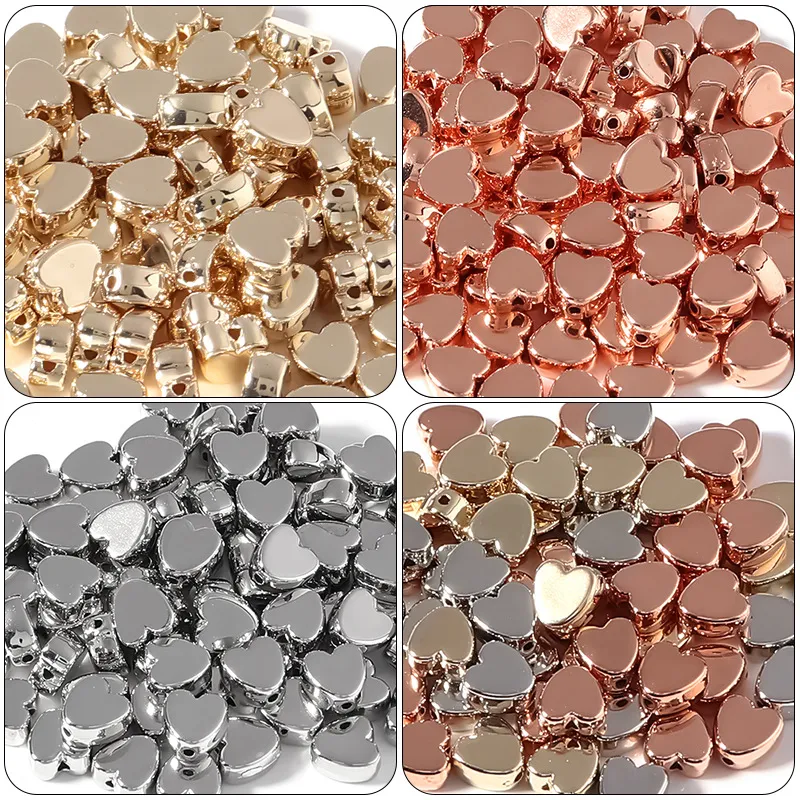 100pcs/lot Diy Loose Bead for Jewelry Bracelets Necklace Hair Ring Making Accessories Crafts Metal Love Heart Rose Gold Silver Color Kids Handmade Beads