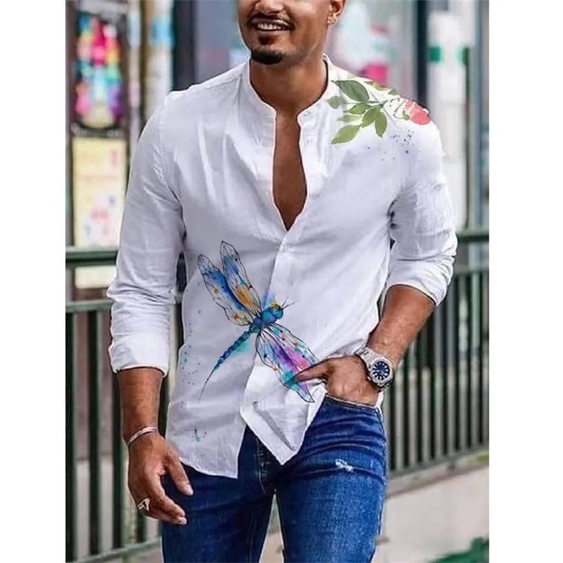 Men Shirts Spring Summer Vintage Printed Long-sleeved Thin Button Imitation Linen Loose Shirt For Large Size Casual Clothes 220323