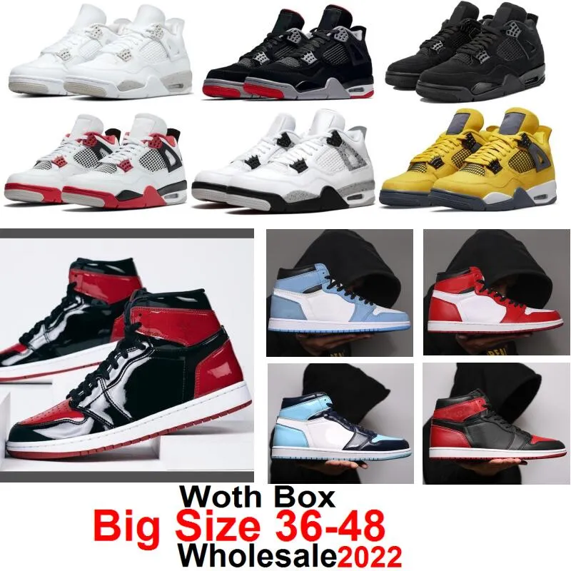 Sapatos de basquete de tamanho grande 36-50 por atacado grandes Patent Bred 1s University Blue 1 Black cat 4s Fire Red 4 Pure Money Lightning Red Thunder Cool Grey With Box Men