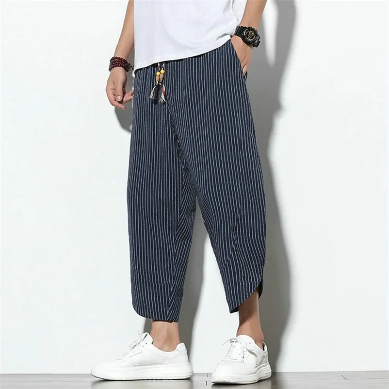 Calças masculinas Linho de algodão folgado harém coreano vintage listrado mulheres hip hop plus size perna larga calça calça 220826