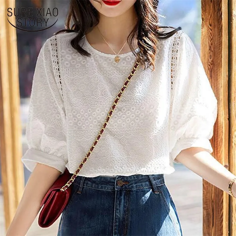 Summer Korean Fashion Women's Lantern Sleeve Loose Shirts Embroidery Cotton Lace O-neck Casual Blouses Plus Size 13440 220725