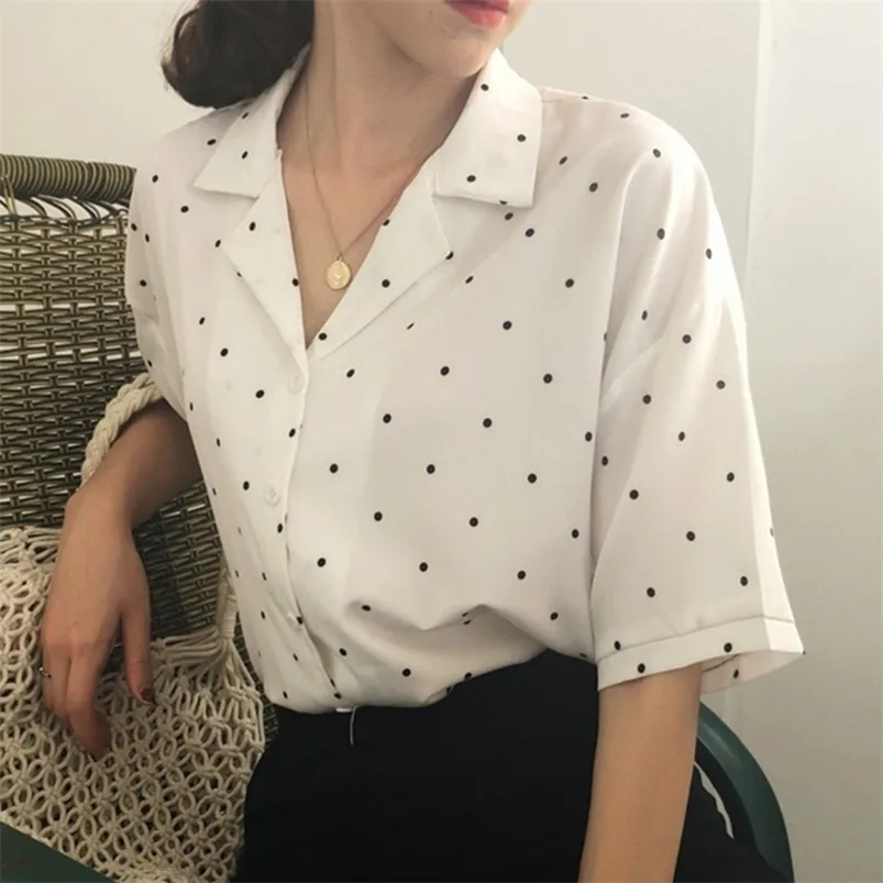 Women Blouse Polka Dot Shirt Summer Short Sleeve V Neck Casual Elegant Print Tops Female Clothing White Shirts #366 220613