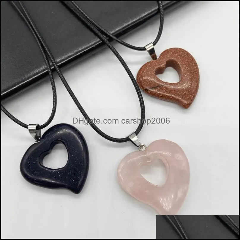 healing crystal natural stone pendant hollow heart charms turquoise tiger eye lapsi crystal rope chain necklaces carshop2006