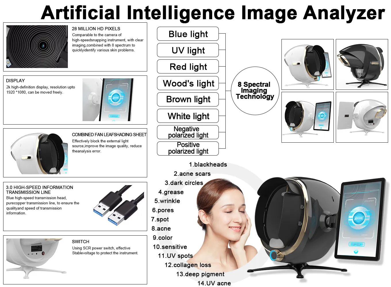 Portable Spa Use 3D Skin Hair Analyzer Machine Magic Tester Face Acne Scanner Dispositivo del sistema dello specchio facciale