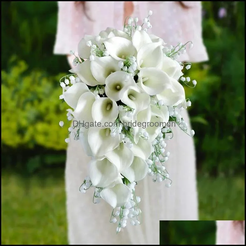 Wedding Flowers Collection Fake Calla Lily Lilies of the Valley Cascading Bridal Bouquet Waterfall Style Flores Para Casamento
