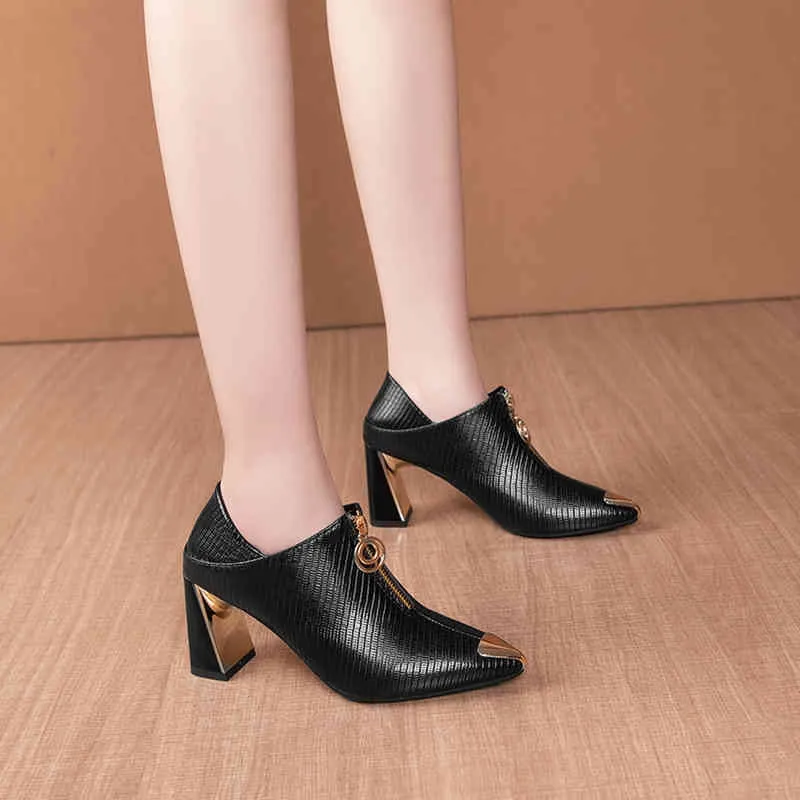 Dress Shoes Fashion Zipper High Heels Women Autumn 2022 Sexy Metal Pointy Toe Pumps Woman Pu Leather Party Mujer 220416