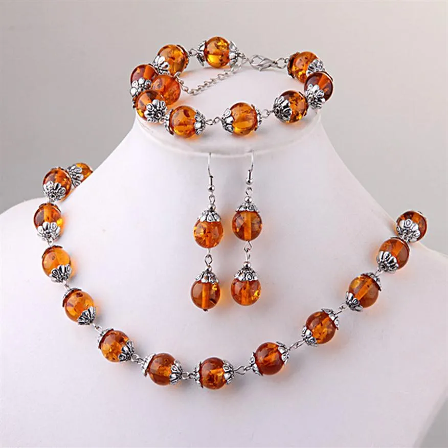 Fashion Tibet silver round amber beads necklace bracelet earrings set with 0.47 "DIY manual amber suit250k