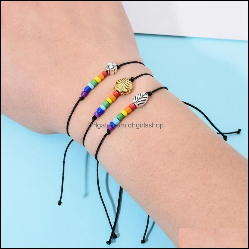 Wholesale Bohemian Rainbow Pearl Shell Butterfly Bracelet Black Rope Braided Knitting Handchain Adjustable Bracelet Free Shipping