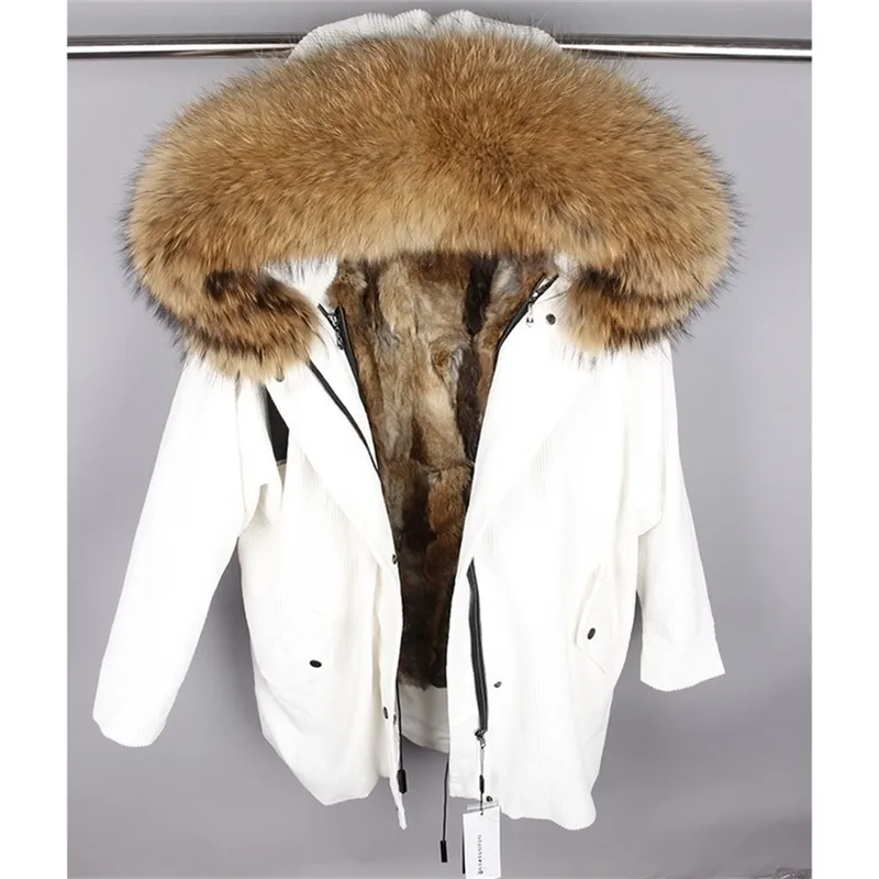 暖かい冬の女性ジャケットで裏打ちされた本物のウサギの毛皮の草Real Raccoon Fur Collar Long Parkas Coat 20103