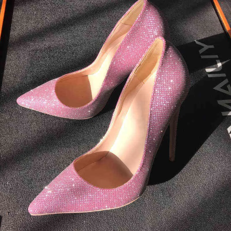 Różowe błyszczące pompki kobiety 12 cm cienkie buty na wysokim obcasie seksowne brokat skóra jasna spiczaste palce samice bleletto bling lf015 Chensir9220513