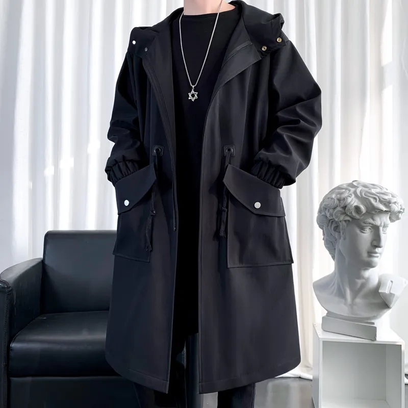 Jaqueta masculina de casacos masculinos de capa de windbreaker masculina longa e superdimensiona de streetwear solto com capuz vintage preto casacos alta