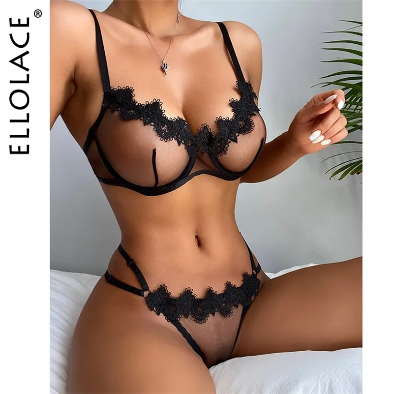 Elace zmysłowa bielizna kobieta przezroczyste koronkowe egzotyczne kostiumy Sheer porno Intimate 2piece Bandwire Bra Thongs Sexy strój 220628