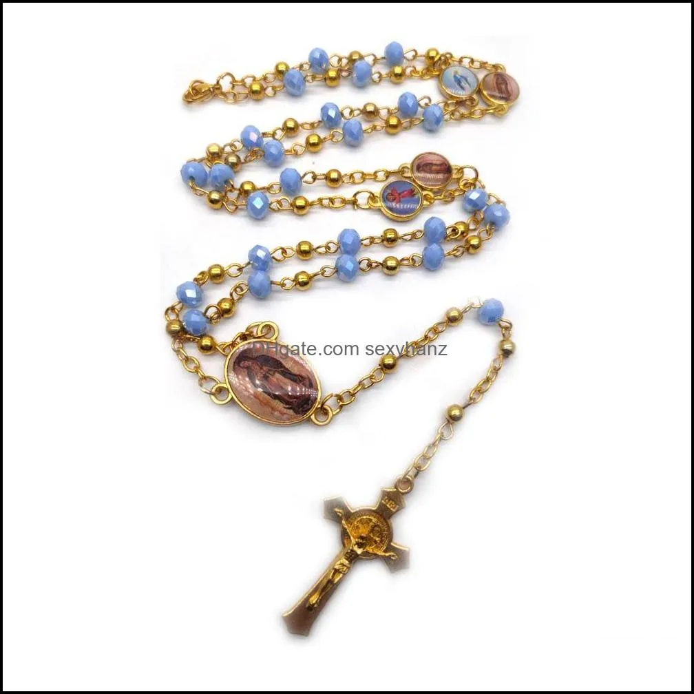 Pearl Beads Pendant Necklace For Women Jesus Christian Virgin Mary Cross Jewelry
