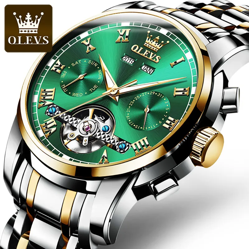 OLEVS 자동 기계식 남성 시계 스테인레스 스틸 방수 날짜 주간 녹색 Fashio 클래식 손목 시계 Reloj Hombre 220623