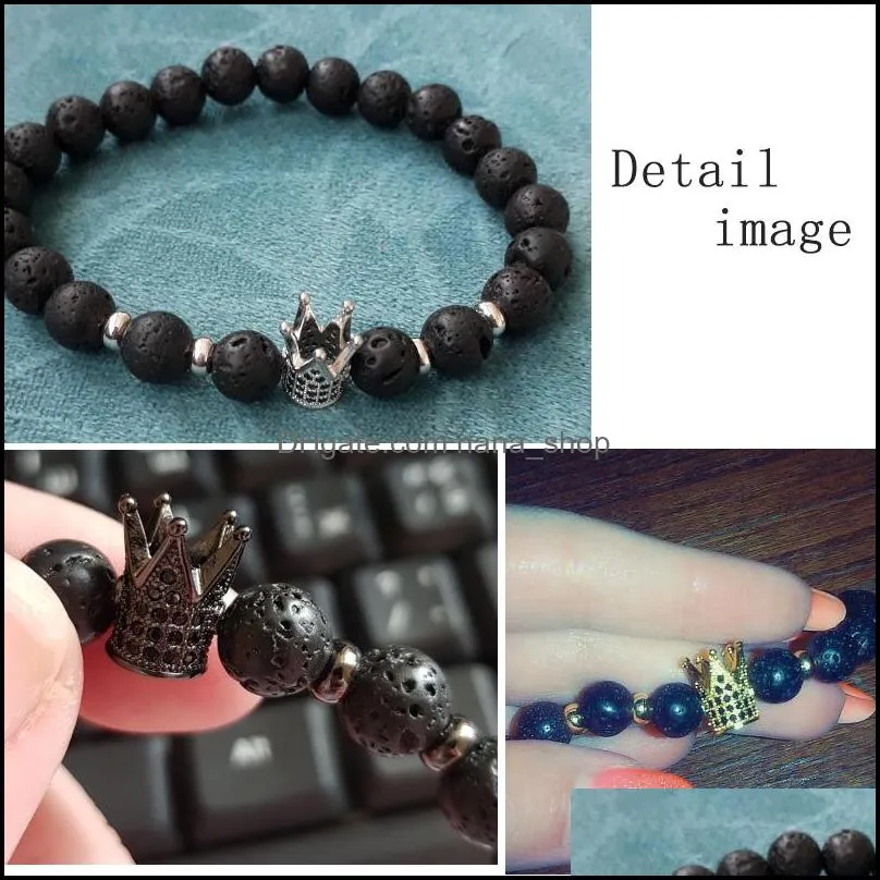 2018 Hot Trendy Ball Black Lava Stone Bead Bracelets Pave CZ King Crown And Helmet Charm Bracelet For Men Women Luxury Jewelry Gift