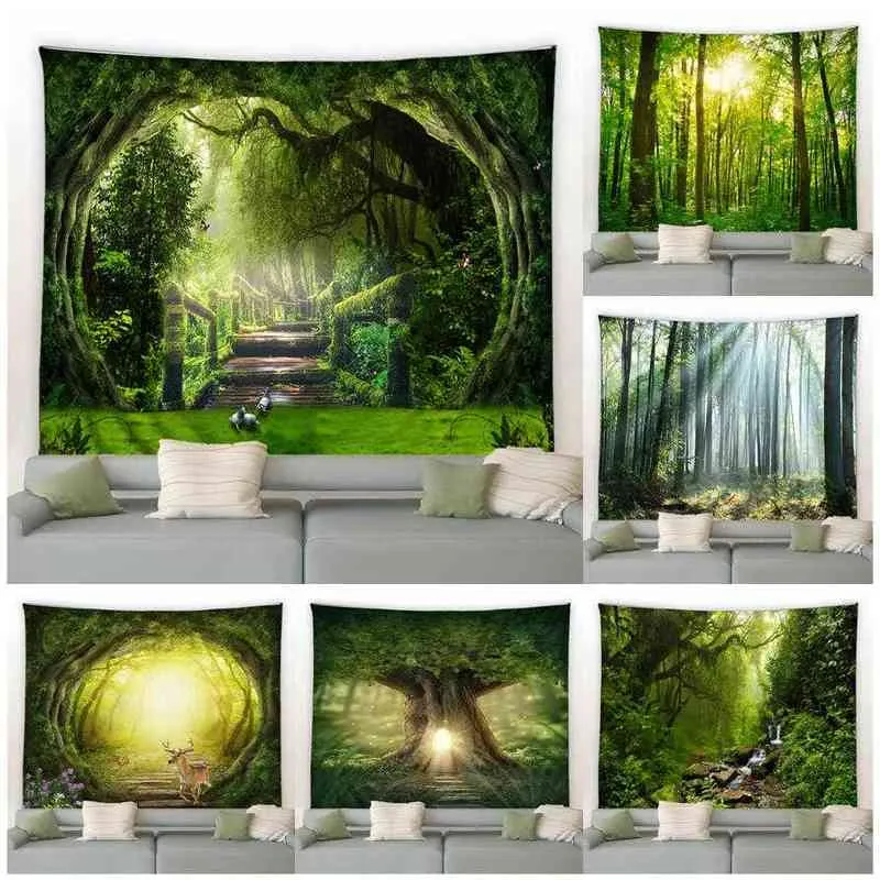 Tapestry Dream Forest Tapestry Árvores verdes de madeira Ponte de madeira Paisca natural