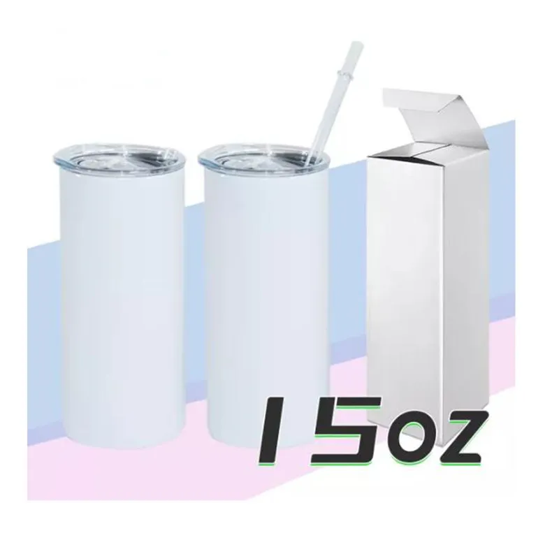 US Warehouse !!! 15oz Sublimacja Prosto Tumbler DIY Pusty Kumberle ze stali nierdzewnej z pokrywką i słomy Skinny Cup Travel Butelka wody