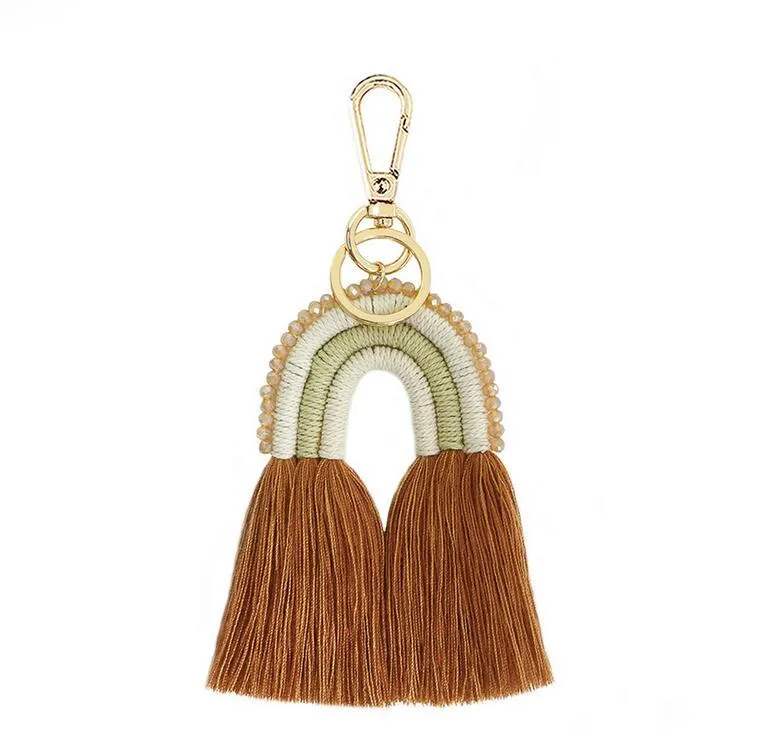 Ethnic Handmade Macrame Key Chains for Women Bags Accessories Jewelry Boho Rainbow Weave Cotton Fringed Keychains Gift Wholesale