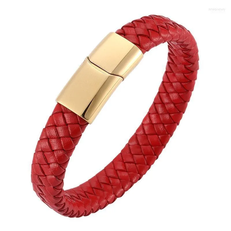 Charm Bracelets Fashion Men Women Jewelry Red Braided Leather Bracelet Golden Stainless Steel Magnetic Clasp C02281 Inte22