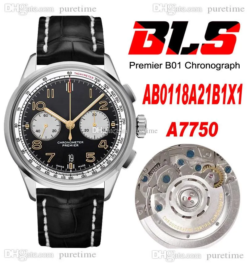 BLS Premier B01 42mm Eta A7750 Chronographe Automatique Montre Homme Acier Blanc Cadran Noir Nombre Marqueurs Bracelet Cuir AB0118A21B1X1 Super Edition Puretime 03e5