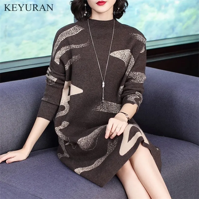 Autumn Winter Warm Women Dress New Fashion Large Size Loose Medium length Half High Collar Knit Women Sweater Dress M XXXXL 210319