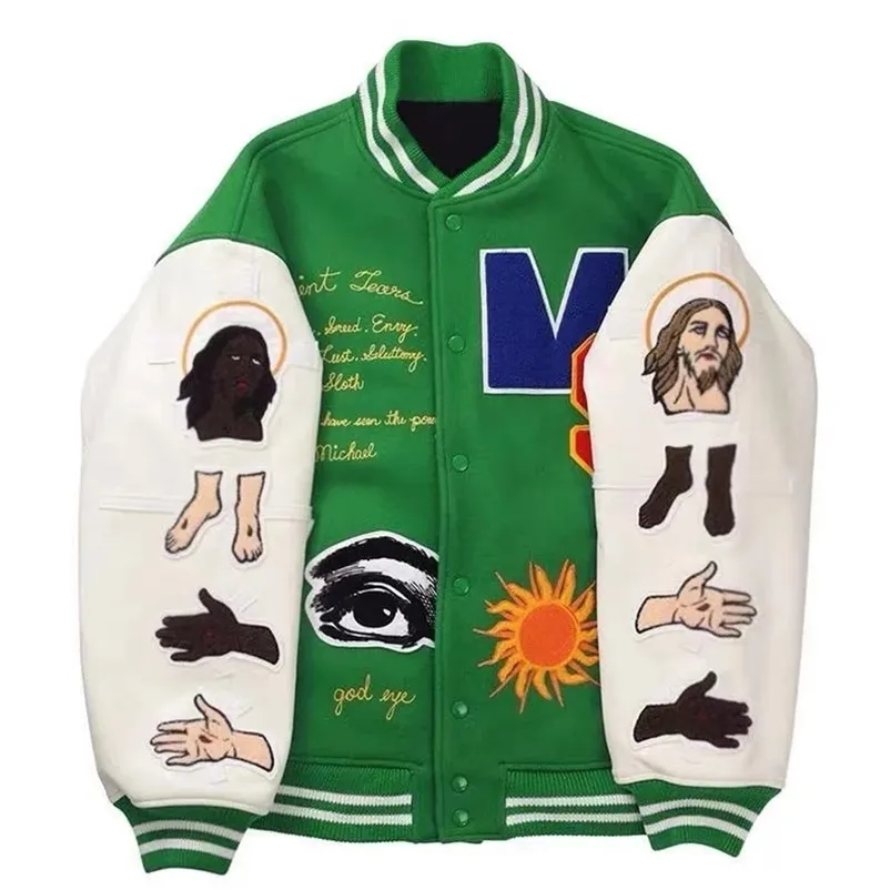 Märke gröna baseballjackor män broderi lapptäcke bokstäver college varsity jacka vintage bombplan kappa par m-2xl streetwear 220813