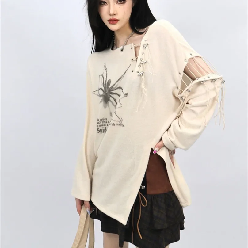 KOSAHIKI Bandage Tops Patchwork Goth Grunge T Shirts Women Asymmetrical Long Sleeve Tee Print Y2k Vintage Graphic T-shirt 220511