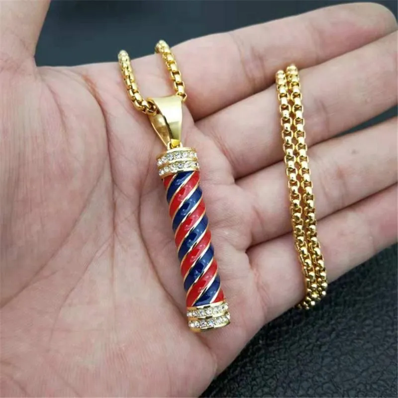 Pendant Necklaces Hip Hop Jewelry Bling Iced Out Barber Pole Necklace With Stainless Steel Cubic Link Chain Gold Zircon Men's For GiftPe
