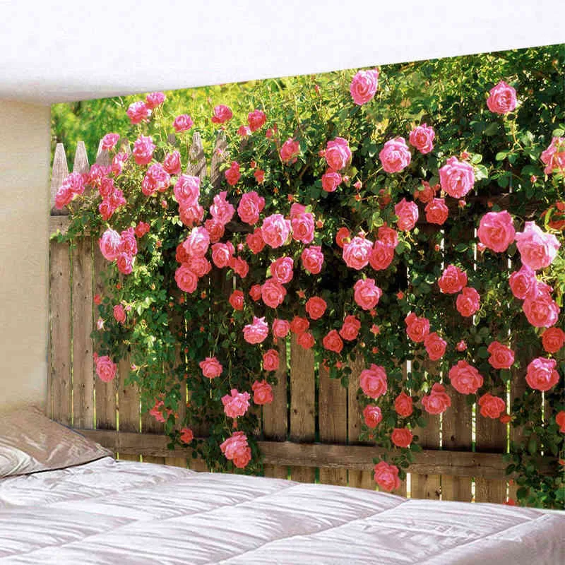 Tapisserie Fleurs de printemps Clôture en bois Tapisserie Nature Rose Rose Plantes Mur Hangin