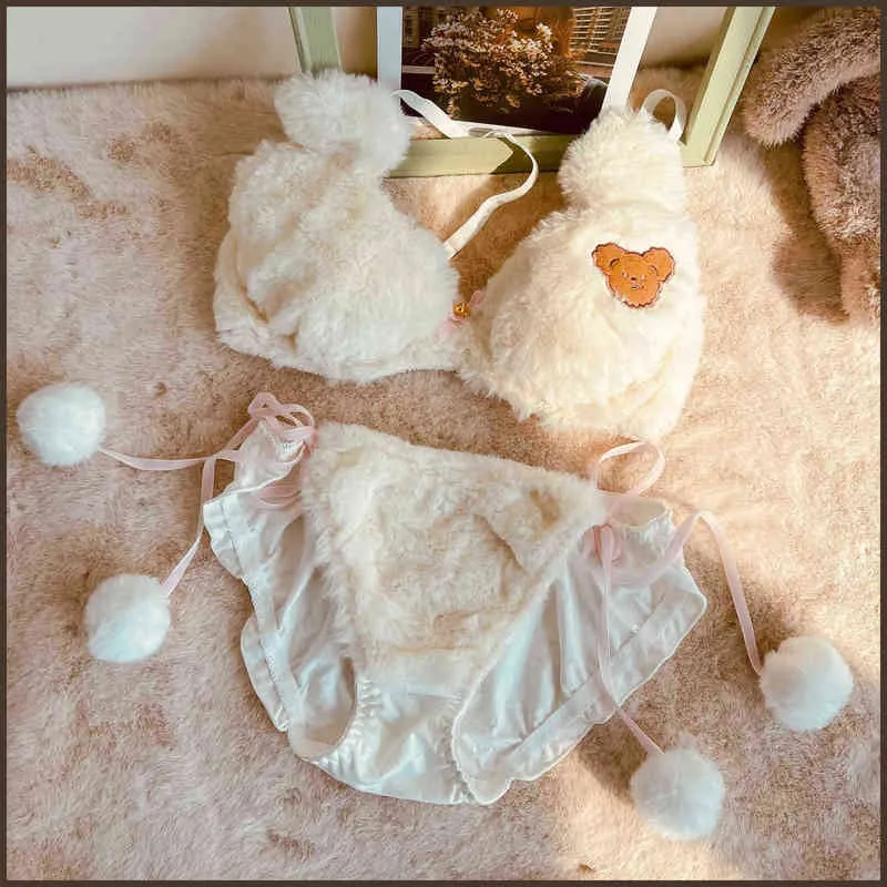 Japanese Girls Cute Lingerie For Women Cartoon Bear Students Plush Sexy Bras  Wireless Thin Bra Set