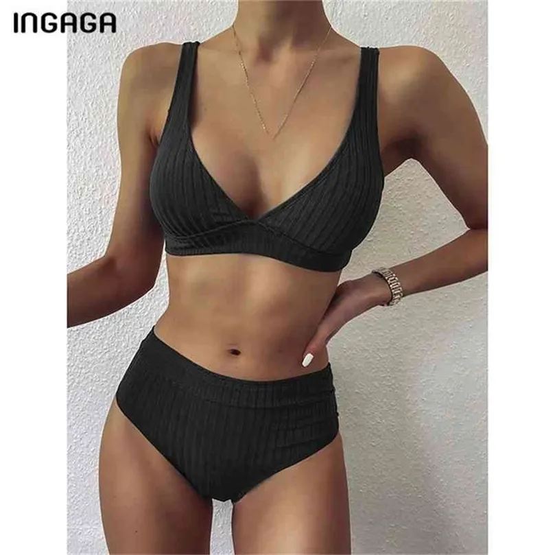 INGAGA Sexy Bikinis taille haute maillots de bain femmes maillots de bain Push Up Biquini côtelé maillots de bain noir col en v Bikini ensemble 210407