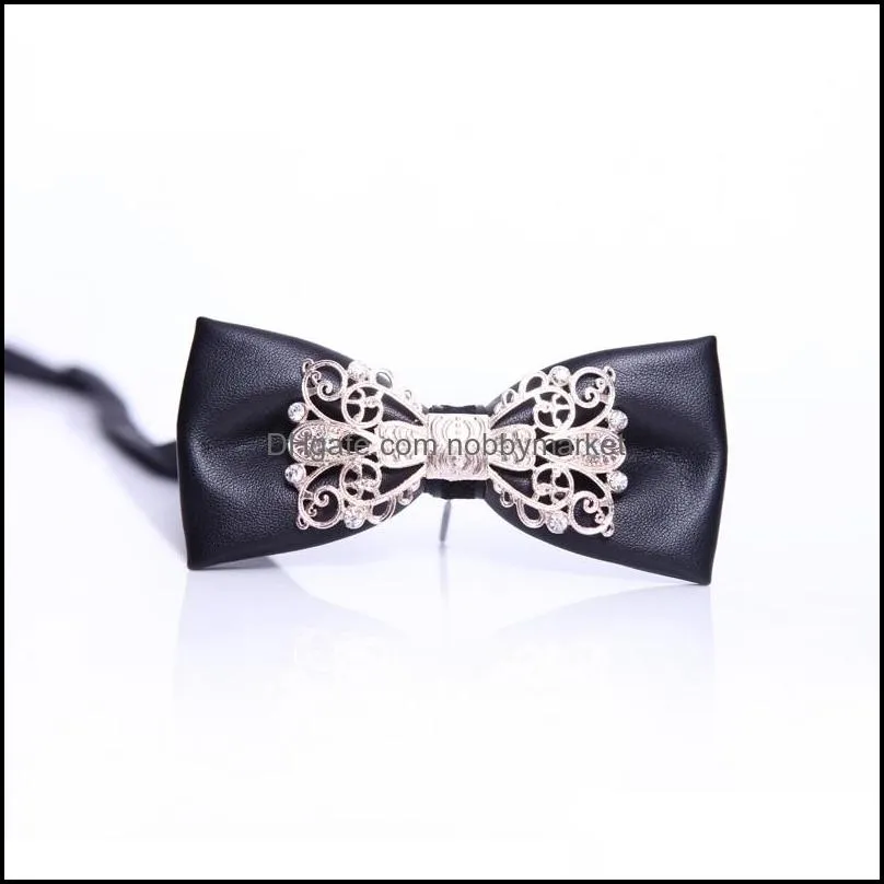 High Quality 2020 Fashion PU Leather Bow Ties for Men Designers Brand Tie Noble Diamond Metal Inlaid Luxury Wedding Bowtie