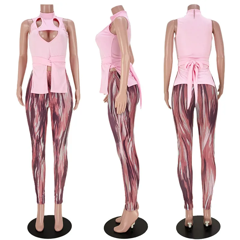 Summer Tracksuits Women Outfits Bandage Hollow Out T Shirts+Print Leggings Two Piece Set Spring Matching Set Night Club Wear 7143