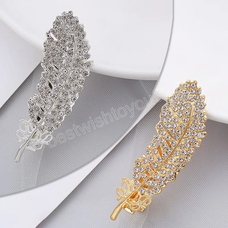 Mode Rhinestone Feather Haar Clip Volledige Diamond Blad Vorm Barrettes Metalen Haarspeld Dames Haaraccessoires Bruid Hoofdtooi Gift