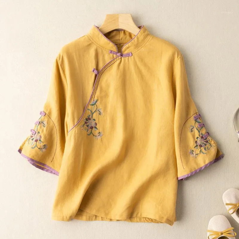 Ropa étnica Cheongsam, Tops cortos de talla grande para mujer, verano 2022, bordado de lino y algodón, camisas Qipao de estilo chino ajustadas
