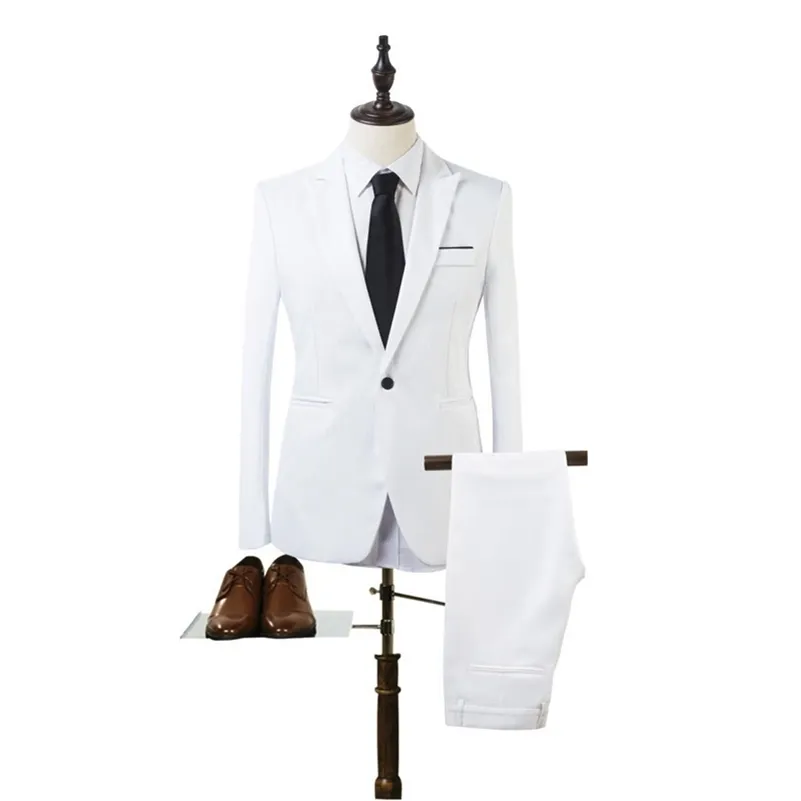 Branco sólido masculino vestido blazers um botão fino blazer terno casamento negócio traje homme casual 2 peça roupas masculinas 220815