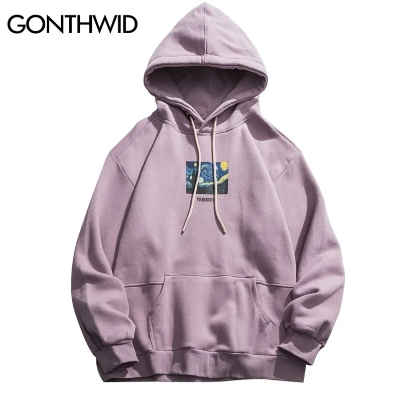 Gonthwid van Gogh Starry Night Print Fleece Hoodies Sweatshirts Streetwear 남자 힙합 풀오버 후드 탑 남성 하라주쿠 점퍼 220402