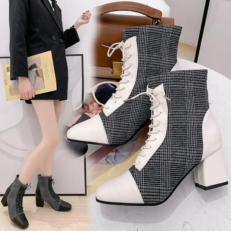 Women Shoes Woman Fashion Root Lattice Winter New Suede Lace Square Ankle Boots X316 Y200115