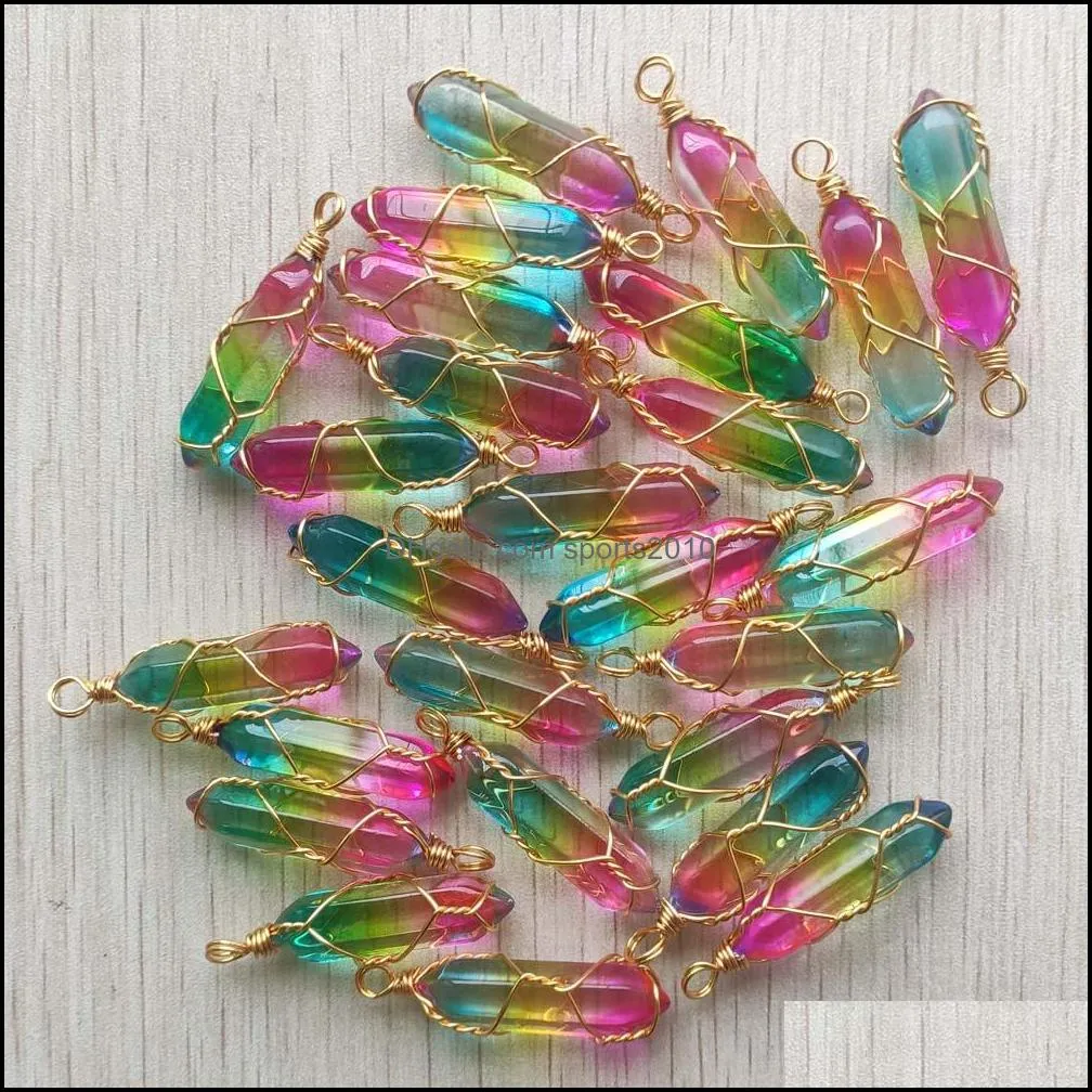 3 colors glass hexagon prism charms handmade copper wire pillar shape pendants for jewelry making