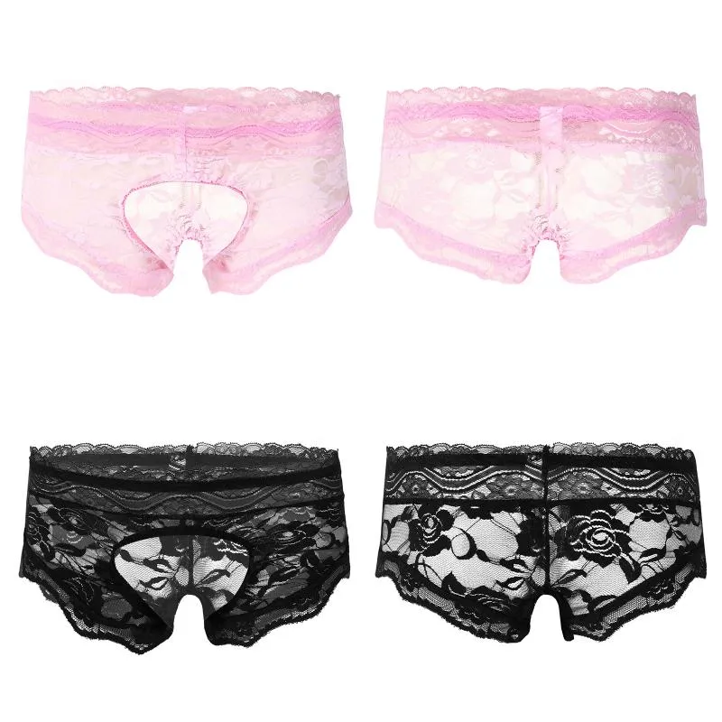 Underbyxor män sissy nattkläder se-genom spetsar crotchless trosor thong blommor mönster elastisk midjeband t-back underkläder underpantsunderpan