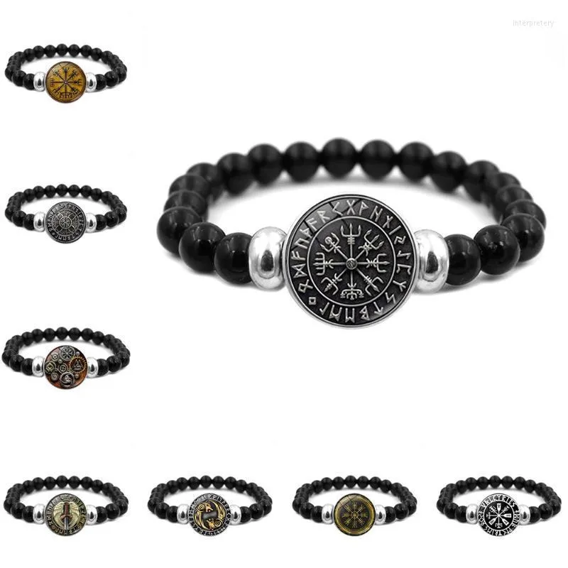 Vegvisir Viking Compass Bracelet With Black Bead Strands And Warrior Symbol For Men Jewelry With