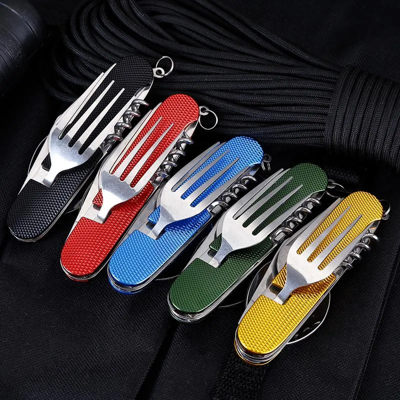 Multifunctional Folding Knife Dinnerware Sets Portable Combination Folding Cutlery Keychain Pendant Outdoor Camping Tools 