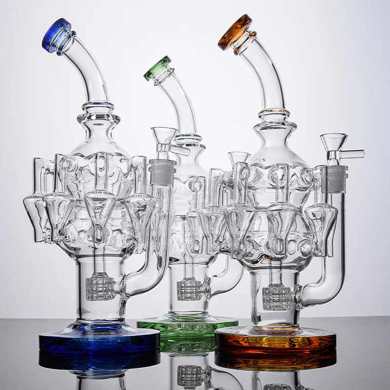 Mavi yeşil Amber Recycler Bong Bongs Ahtapot Silah Cam Bongs Matrix Perc Percolator Su Boruları 14mm Eklem Yağ Dab Teçhizatları Kase