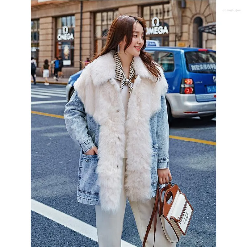 Women's Fur & Faux Winter Female Natural Denim Coat Jacket Clothes 2022 Korean Double Faced Wool Tops Vintage Real Coats And Jackets 072SH