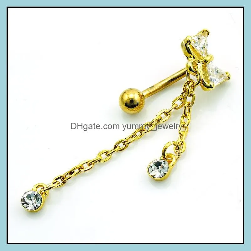 Body Belly Button Rings Gold Plated Stainless Steel Barbell Dangle Rhinestone Long Chain Navel Rings Piercing Jewelry