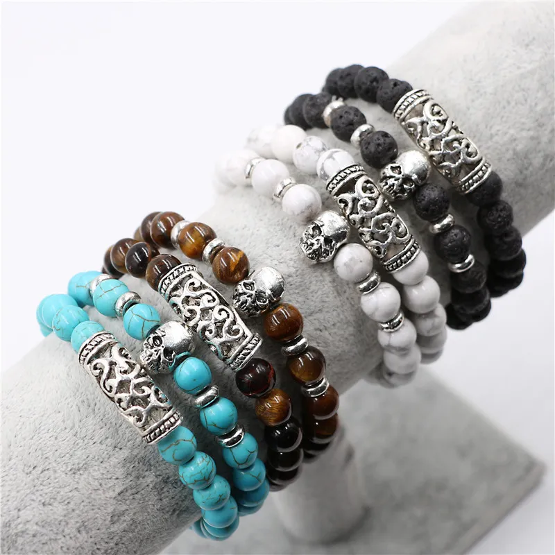 2pcs/Set Retro Skull Bracelet Bracelet Natural Stone Tiger Eye Beads Браслеты.