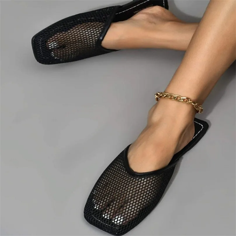 Dames zomer thuis slippers mesh platte schoenen vierkante teen casual sandalen groothandel schoenen voor vrouwen Zapatos de mujer 220326