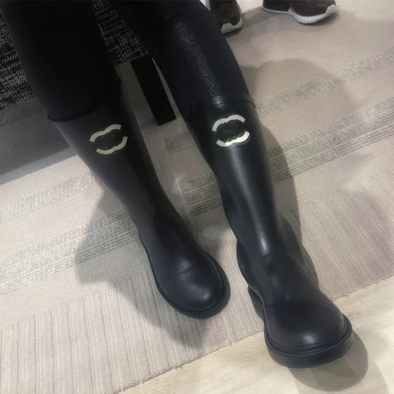 Fashion Black Women's Leather Long Boots Rain Boots Print Outsole Designer Shoes