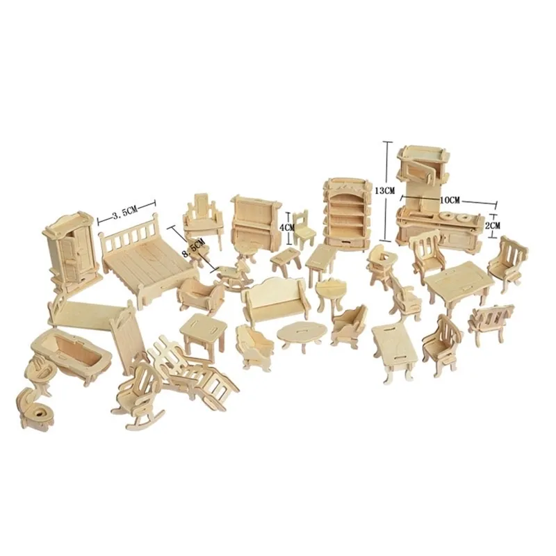 1SET=34PCS , AIBOULLY Wooden Doll House Dollhouse Furnitures Jigsaw Puzzle Scale Miniature Models DIY Accessories Set 220218