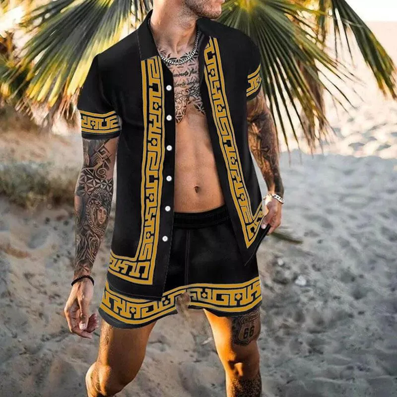 Träningsoveraller för män 2022 Herrset Tryck Patchwork Lapel Kortärmad Fritidsskjorta Strandshorts Sommar Streetwear Vacation Hawaiian Kostymer S-3XL